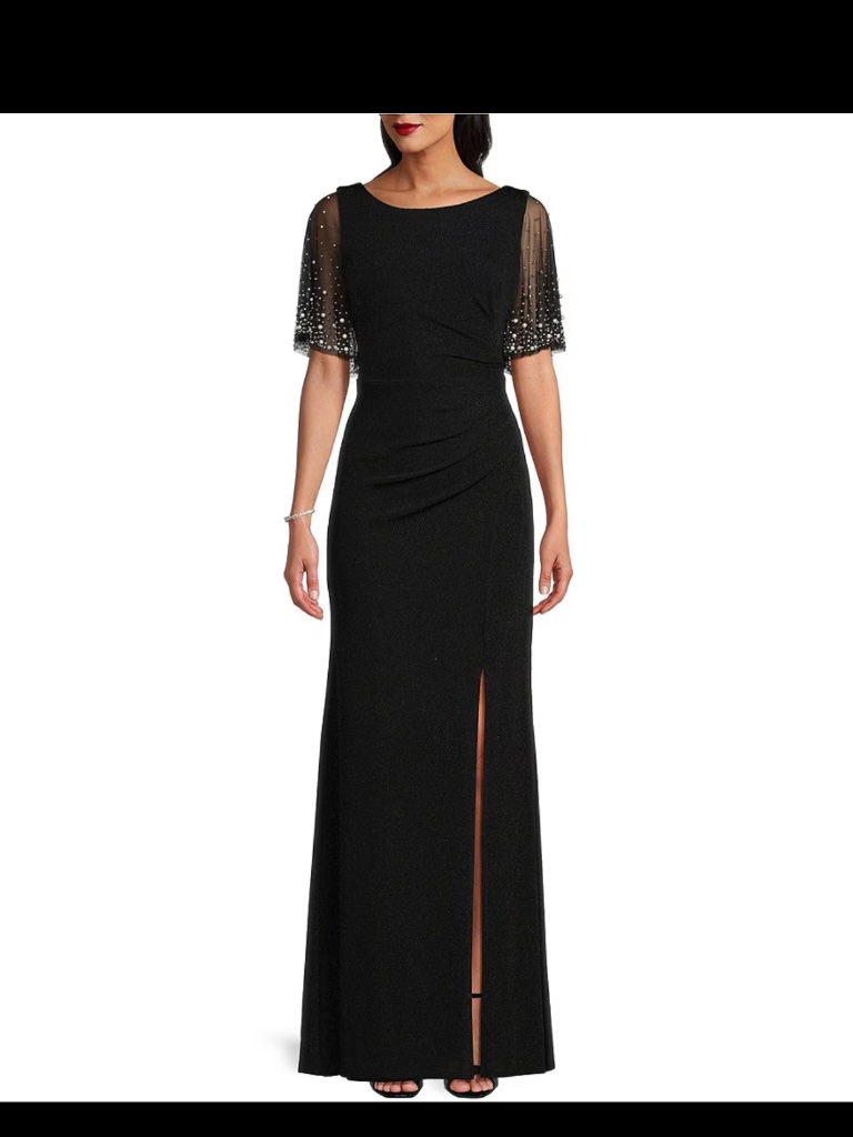 Formal Black Dress With Sheer Pearl 3/4 Sleeves